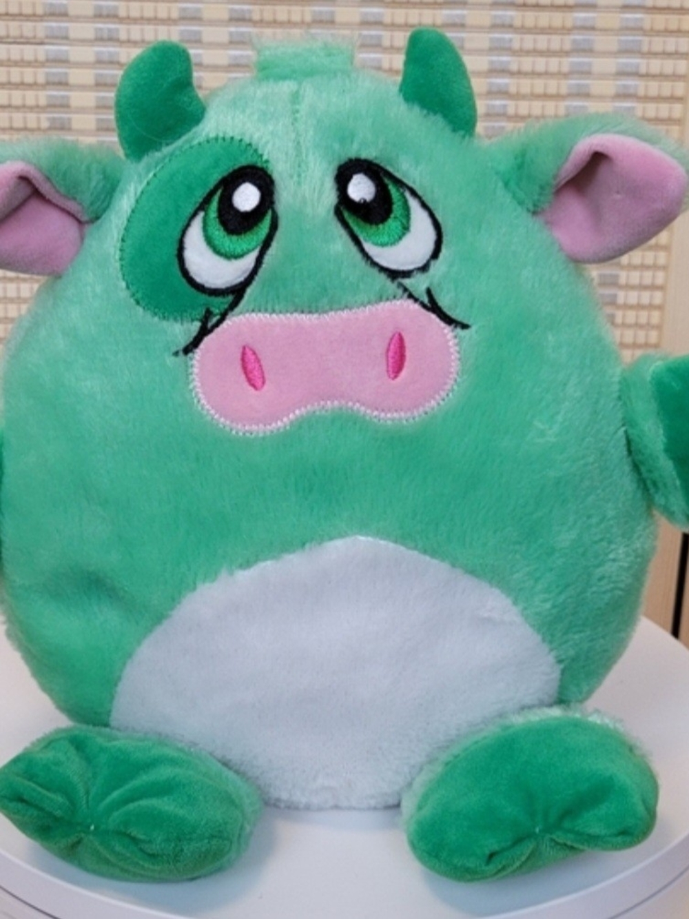 Kellytoy Green and Pink Plush Cow with White Belly